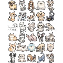 Dekorif 30 Adet Nostaljik Kedi ve Köpek Sticker Seti - Laptop Defter Telefon Için Sulu Boya