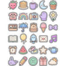 Dekorif 30 Adet Sevimli Objeler Sticker Seti - Laptop Defter Telefon Için Pastel Tasarım