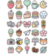 Dekorif 30 Adet Pastel Sevimli Tasarım Sticker Seti - Laptop Defter Telefon Ajanda