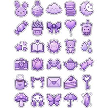 Dekorif 30 Adet Pastel Lila Obje Sticker Seti - Laptop Ajanda Defter Için