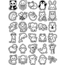 Dekorif 30 Adet Siyah Beyaz Chibi Hayvan Sticker Seti - Laptop Defter Ajanda