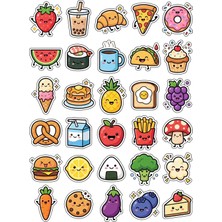 Dekorif 30 Adet Chibi Sevimli Yiyecekler Sticker Seti - Laptop Defter Ajanda ve Su Matarası