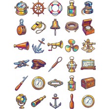 Dekorif 30 Adet Vintage Denizcilik Objeleri Sticker Seti - Laptop Defter Su Matarası Için