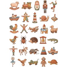 Dekorif 30 Adet Nostaljik Ahşap Oyuncak Sticker Seti - Defter, Laptop, Ajanda Için
