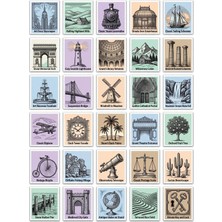 Dekorif 30 Adet Vintage Pul Mimari ve Doğa Sticker Seti - Ajanda Scrapbook Valiz Için