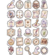 Dekorif 30 Adet Vintage Suluboya Mistik Sticker Seti - Ajanda Scrapbook Defter Için Estetik Tasarım