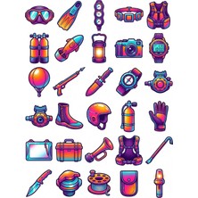 Dekorif 30 Adet Retro Neon Dalgıç Ekipmanları Sticker Seti - Laptop, Kılıf ve Matara