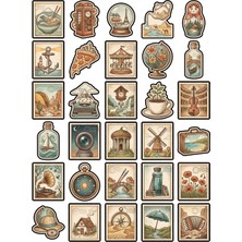 Dekorif 30 Adet Vintage Sürreal Minyatür Pul Sticker Seti - Laptop Defter Ajanda Scrapbook