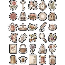 Dekorif 30 Adet Nostaljik Vintage Botanik ve Obje Sticker Seti - Scrapbook Ajanda Defter