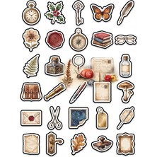 Dekorif 30 Adet Vintage Nostaljik Obje Sticker Seti - Laptop Defter Ajanda Için