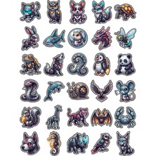 Dekorif 30 Adet Neon Chibi Robot Hayvan Sticker Seti - Laptop Defter Telefon Için