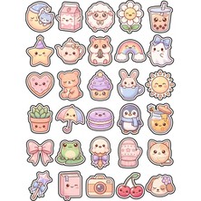 Dekorif 30 Adet Pastel Sevimli Karakter Sticker Seti - Laptop Defter Ajanda Için