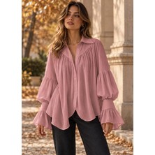 Defy Moda Kadın Balon Kol Volan Detay Krinkıl Kumaş Gömlek