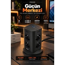 Robeve Fulltech Prıme 8’li Akım Korumalı Kule Priz 3680W - Pd 20W, 1050J Koruma, 2 Usb-C + 2 Usb-A, 4 Bağımsız Güç Anahtarı, 2 Metre Kablolu Dikey Çoklu Priz Grup Priz Kule Tipi Grup Priz