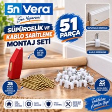 5N Vera 51 Parça Süpürgelik ve Kablo Sabitleme Seti – 200 gr Çekiç + 25 Adet Başsız Süpürgelik Çivisi + 25 Adet Beton Çivili Kablo Kroşesi