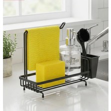 Suntel Mutfak Lavabo Üstü Düzenleyici Organizer - Siyah Metal Süngerlik, Deterjanlık ve Bez Askılı Stand