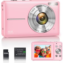 Ixnaıqy Çocuklar ve Gençler Için Dijital 1080P 44MP Vlog Kamera, 2,4" Ekranlı Fhd Kompakt Fotoğraf Makinesi 16X Zoom, Yeni Başlayanlar Öğrenciler Için Sarsıntı Önleyici Mini Kamera Erkek Kız Pembe