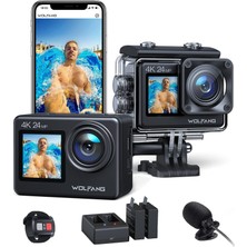 Wolfang GA200 Aksiyon Kamerası 4K 24MP Sualtı Kamerası Wifi 40M Su Geçirmez Eıs Görüntü Sabitleyici Dokunmatik Ekran Kask Kamerası 170° Geniş Açılı Kamera (Şarj Cihazı, Uzaktan Kumanda, 2 Pil ve Akses