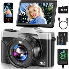 Vahoıald Dijital Kamera, 4K 64MP Otofokuslu Kamera, Wifi Özellikli Fotoğraf Kamerası, 32GB Kartlı 3" 180° Katlanır Ekranlı Dijital Kamera, Şarj Istasyonu, 2 Pilli Kamera, Yeni Başlayanlar Için Kompakt