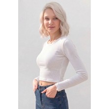 Lareon Beyaz Kadın Fitilli Uzun Kollu Crop Örme Bluz Esnek Likralı Crop Bluz - 2023