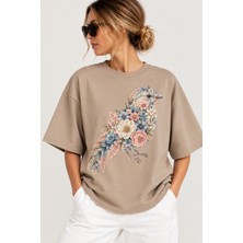 Velaura Studio Çiçek Bahçesi Kuş Baskılı Oversize Kadın T-Shirt