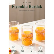 ViraCasa 3'lü Fiyonklu Cam Bardak Seti 7x9 cm Pembe Cam Fiyonk Detaylı Su Meşrubat Bardağı