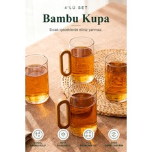 ViraCasa 4'lü Bambu Kulplu Cam Kupa Seti 7X10 cm Isıya Dayanıklı Çay Kahve Bardağı