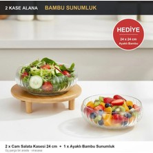 ViraCasa 2'li Cam Salata Kasesi 24 cm + Hediye Ayaklı Bambu Sunumluk Servis Seti