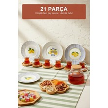 ViraCasa 21 Parça 6 Kişilik Çay Ikram Seti Cam Demlik Bardak Tatlı Tabağı Bambu Sunumluk