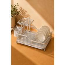 ViraCasa 2 Katlı Alüminyum Bulaşıklık Gümüş Kurutmalık Çatal Kaşıklık ve Damlalık Tepsili 55X35 cm
