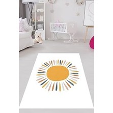 Renas Store Pelangi Bohem Iskandinav Beyaz Zemin Güneş Desenli Yıkanabilir Kaymaz Leke Tutmaz Çocuk Halı, Beyaz-Sarı 160 x 350