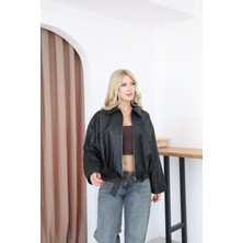 Dut Store Kadın Oversize Kemer Detaylı Deri Ceket Siyah