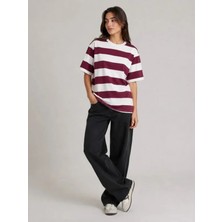 Çizgili Oversize Tişört Bisiklet Yaka Kısa Kol Yazlık T-Shirt - Bordo