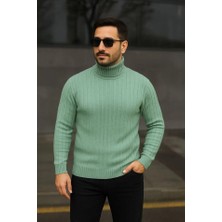 Erkek Balıkcı Yaka Bağazlı Triko Kazak Pamuklu Kalın Fitilli Dokuma, Regular Fit Uzun Kollu Kışlık Model - Mint Yeşili