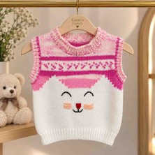Lavin’s Luxury Minik Pati El Örgüsü Kız Çocuk Süveteri – Pembe Beyaz Örme Kedi Desenli