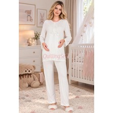 Quilling Ekru Renkli, Dantel Detaylı 33209 Uzun Kol, 2 Parça Lohusa Hamile Pijama Takımı