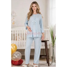 Quilling Bebe Mavi Renkli, Dantel Detaylı 33209 Uzun Kol, 2 Parça Lohusa Hamile Pijama Takımı