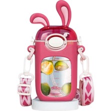 1001 Diller 400ML Sevimli Tavşanlar Kulaklı Askılı Pipetli Tritan Çocuk Su Matarası (Pembe)