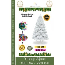 Denguva Premium Süsleme Set Yılbaşı Beyaz Çam Ağacı Renkli Işığı Yeni Yıl Süsleri Noel Paketi 150 cm 220 Dal