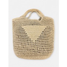 El Yapımı Oval Raffia Çanta 36X30 cm Hasır Kadın Omuz Çantası - 1 Adet Bej