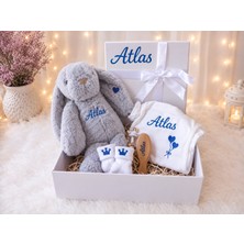 Lion Tasarım Dünyası Premium Unisex Bebek Hoş Geldin Hediye Kutusu - Isme Özel Peluş Tavşan, Zıbın ,çorap ve Ahşap Taraklı Hediye Kutusu