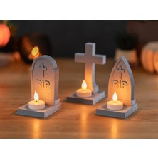 Print Zone Halloween Tombstone - 3'lü Set LED Işıklı Mezar Taşı Tealight Mumluk ve Cadılar Bayramı Süsü
