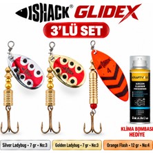 Fishack Glidex 3'lü Döner Kaşık Seti + Klima Bombası Hediye - Silver Ladybug 7 gr No:3 + Golden Ladybug 7 gr No:3 + Orange Flash 12 gr No:4