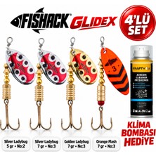 Fishack Glidex 4'lü Döner Kaşık Seti + Klima Bombası Hediye - Silver Ladybug 5 gr No:2 + Silver Ladybug 7 gr No:3 + Golden Ladybug 7 gr No:3 + Orange Flash 7 gr No:3