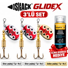 Fishack Glidex 3'lü Döner Kaşık Seti + Klima Bombası Hediye - Silver Ladybug 5 gr No:2 + Silver Ladybug 7 gr No:3 + Golden Ladybug 7 gr No:3