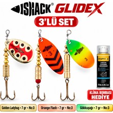 Fishack Glidex 3'lü Döner Kaşık Seti + Klima Bombası Hediye - Golden Ladybug 7 gr No:3 + Orange Flash 7 gr No:3 + Gökkuşağı 7 gr No:3