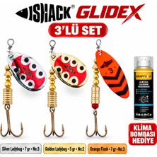 Fishack Glidex 3'lü Döner Kaşık Seti + Klima Bombası Hediye - Silver Ladybug 7 gr No:3 + Golden Ladybug 5 gr No:2 + Orange Flash 7 gr No:3
