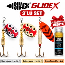 Fishack Glidex 3'lü Döner Kaşık Seti + Klima Bombası Hediye - Silver Ladybug 5 gr No:2 + Golden Ladybug 5 gr No:2 + Orange Flash 12 gr No:4