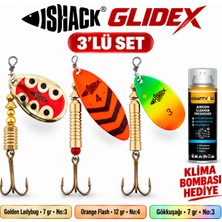 Fishack Glidex 3'lü Döner Kaşık Seti + Klima Bombası Hediye - Golden Ladybug 7 gr No:3 + Orange Flash 12 gr No:4 + Gökkuşağı 7 gr No:3