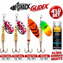 Fishack Glidex 4'lü Döner Kaşık Seti + Klima Bombası Hediye - Silver Ladybug 5 gr No:2 + Silver Ladybug 7 gr No:3 + Orange Flash 12 gr No:4 + Gökkuşağı 7 gr No:3